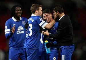 Images Dated 4th December 2013: Everton's Upset Victory: Bryan Oviedo and Team Celebrate 1-0 Win at Old Trafford