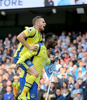 Soccer Football Prints: Everton's Victory: Tom Cleverley and Romelu Lukaku Celebrate First Goal Against Manchester City (Premier League)