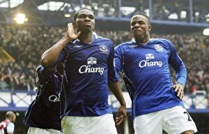 Images Dated 27th April 2008: Everton's Yobo and Anichebe Celebrate Second Goal vs. Aston Villa (2008)