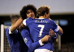 Images Dated 3rd November 2012: Fellaini and Jelavic's Dramatic Celebration: Everton's Fightback Against Fulham in the Premier