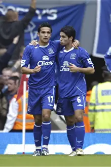 Football - Arsenal v Everton FA Barclays Premiership - Emirates Stadium - 06 / 07 - 28 / 10 / 06 Tim Cahill celebrates scoring the first goal for Everton with team mate Mikel Arteta Mandatory Credit: Action Images / Tony O Brien
