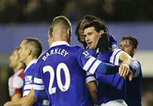 Everton 4 V Fulham 1 : Goodison Park : 14-12-2013 Prints: Gareth Barry and Ross Barkley: Everton's Unstoppable Duo Celebrate Third Goal Against Fulham (14-12-2013)