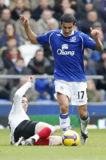 Intense Rivalry: Tim Cahill vs Zoltan Gera Battle at Goodison Park, Everton vs Fulham, Premier League Football, 2008