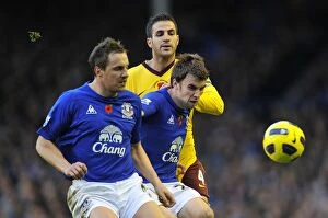 14 November 2010 Everton v Arsenal Collection: Jagielka and Coleman vs. Fabregas: A Battle for the Ball at Goodison Park - Everton vs