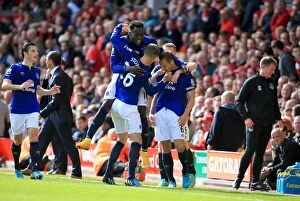Images Dated 27th September 2014: Jagielka Scores First Goal: Everton Stuns Liverpool at Anfield, Premier League 2014