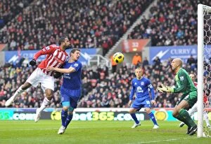 01 January 2011 Stoke City v Everton Collection: Jagielka Stops Fuller's Goal Attempt: Everton vs Stoke City, Barclays Premier League (01.01.2011)