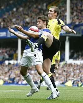 Everton v Manchester City Collection: James Beattie in action against Man Citys Richard Dunne