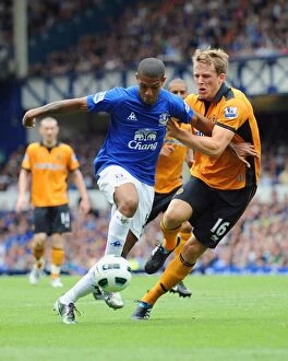 Images Dated 21st August 2010: Jermaine Beckford vs. Christophe Berra: A Battle for the Goal (Everton vs)