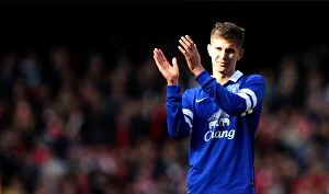 Images Dated 8th March 2014: John Stones Salutes Everton Fans After FA Cup Defeat vs. Arsenal (March 8, 2014)