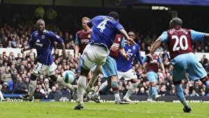 Images Dated 27th April 2008: Joseph Yobo Scores Everton's Second Goal Against Aston Villa (2008) - Barclays Premier League