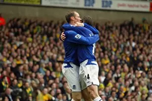 Norwich 2 Everton 3 Collection: Kevin Kilbane congratulates Duncan Ferguson