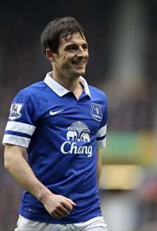 Images Dated 20th April 2014: Leighton Baines Decisive Goal: Everton's Victory over Manchester United (21-04-2014)
