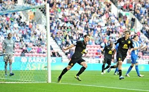Images Dated 6th October 2012: Leighton Baines Scores Dramatic Penalty: Wigan Athletic 2 - Everton 2 (Barclays Premier League)