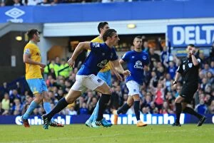 Everton v Crystal Palace - Goodison Park Collection: Leighton Baines Scores Everton's Second Goal vs. Crystal Palace at Goodison Park