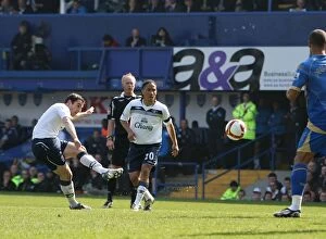 Portsmouth v Everton Collection: Leighton Baines Scores the Opener: Everton's Triumph at Portsmouth in the Barclays Premier League