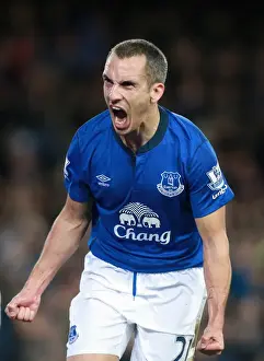 Framed Print : Leon Osman Scores Everton's Second Goal: Everton 2-0 West Ham United (Barclays Premier League, Goodison Park) Framed Print : Leon Osman Scores Everton's Second Goal: Everton 2-0 West Ham United (Barclays Premier League, Goodison Park)