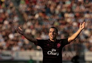 Images Dated 27th August 2009: Leon Osman's Reaction: Everton's Europa League Showdown against Sigma Olomouc at Andruv Stadion