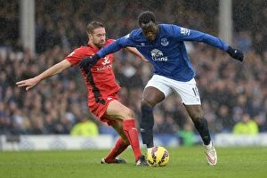 Everton v Leicester City - Goodison Park Collection: Lukaku vs Upson: A Premier League Battle for the Ball