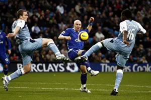 Manchester City v Everton Andrew Johnson is challenged by Nedum Onuoha and Richard Dunne