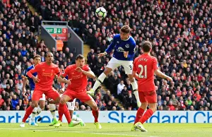 Soccer Football Prints: Mason Holgate's Headed Attempt Against Liverpool at Anfield - Premier League Clash