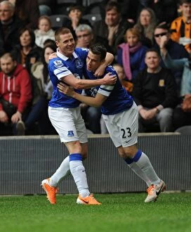 Images Dated 11th May 2014: McCarthy and Coleman's Celebration: Everton's First Goal in Hull City Rout (11-05-2014)