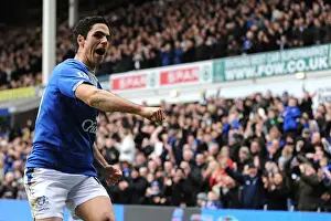 Half Length Mid Top Prints: Mikel Arteta's Thriller: Everton Takes the Lead Against Bolton Wanderers in Premier League Action at Goodison Park