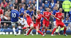 Images Dated 17th October 2010: Mikel Arteta's Thrilling Strike: Everton's Second Goal vs. Liverpool at Goodison Park