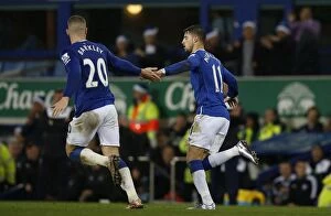Everton v Leicester City - Goodison Park Collection: Mirallas and Barkley in Unison: Everton's Thrilling Goal Celebration vs. Leicester City