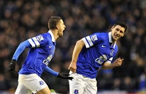 Images Dated 1st February 2014: Mirallas and Barry: Everton's Unforgettable Goal Celebration (2-1 vs Aston Villa, Goodison Park)