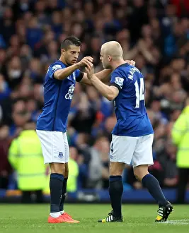 Full Length Prints: Mirallas and Naismith: Everton's Dynamic Duo Celebrate First Goal Against Chelsea