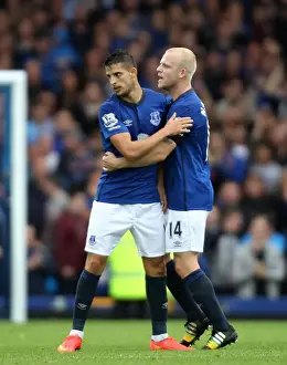 Full Length Prints: Mirallas and Naismith's Thrilling Celebration: Everton's First Goal Against Chelsea in the Premier League