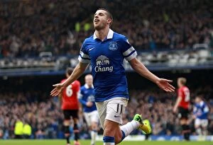Images Dated 20th April 2014: Mirallas Scores Brace: Everton Takes 2-0 Lead Over Manchester United in Premier League (April 21)