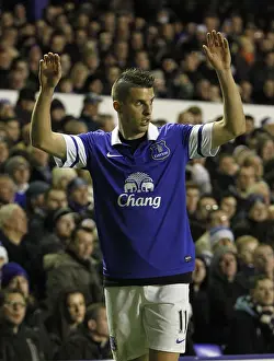 Everton 4 V Fulham 1 : Goodison Park : 14-12-2013 Prints: Mirallas Signals for Corner Amidst Everton's Celebrations: Everton 4-1 Fulham (December 14)