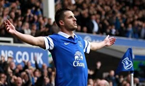Images Dated 20th April 2014: Mirallas Strikes Again: Everton's Victory Moment vs. Manchester United (April 21, 2014)