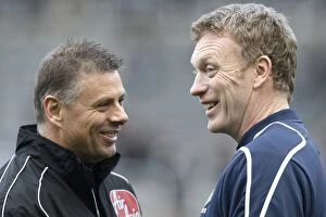 Newcastle v Everton Collection: Moyes and Halsey: A Light-Hearted Moment at St. James Park - Everton vs