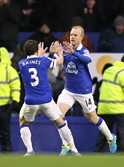 Images Dated 1st February 2014: Naismith and Baines: Everton's Unforgettable Goal Celebration (Everton 2 - Aston Villa 1)