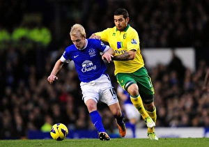 Everton 1 V Norwich City 1 : Goodison Park : 24-11-2012 Prints: Naismith vs Johnson: A Battle for Ball Supremacy in the Everton vs Norwich Premier League Draw at Goodison Park