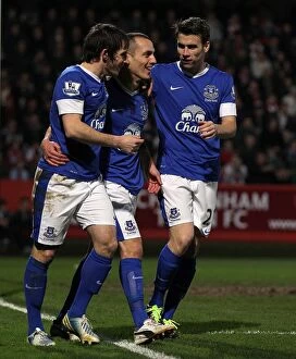 Images Dated 7th January 2013: Osman, Baines, and Coleman: Everton's Triumphant Goal Celebration vs