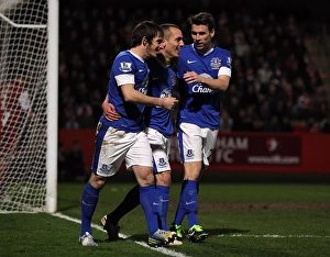 FA Cup : Round 3 : Cheltenham Town 1 V Everton 5 : Whaddon Road : 07-01-2013 Prints: Osman, Baines, and Coleman: Everton's Triumphant Trio Celebrates Third Goal vs