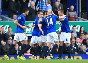 Images Dated 18th October 2014: Phil Jagielka Scores the Opener: Everton vs. Aston Villa, Barclays Premier League, Goodison Park