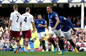 Everton V Aston Villa - Goodison Park Prints: Phil Jagielka's Thriller: Everton's First Goal Against Aston Villa in Barclays Premier League at Goodison Park