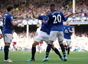 Celebration Football Full Length Prints: Phil Jagielka's Thriller: Everton's Premier League Opener Against Aston Villa at Goodison Park