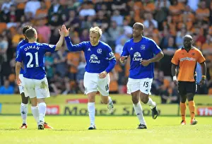 09 April 2011 Wolverhampton Wanderers V Everton Prints: Phil Neville's Double Strike: Everton Celebrates Over Wolverhampton Wanderers