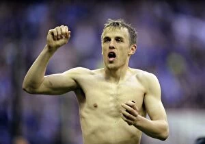 Images Dated 19th April 2009: Phil Neville's Triumphant Moment: Everton's FA Cup Semi-Final Victory over Manchester United