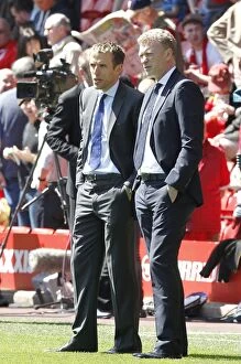 Images Dated 5th May 2013: Pre-Match Huddle: David Moyes and Phil Neville at Anfield, 2013 (0-0)