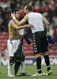 Middlesbrough v Everton Collection: The Riverside Stadium - Tim Cahill of Everton and Mark Schwarzer of Middlesbrough swap shirts at end
