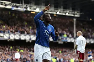 Celebration Football Half Length Mid Prints: Romelu Lukaku's Double: Everton FC's Victory Over Aston Villa in the Premier League (Everton 2-0 Aston Villa)