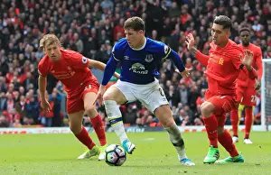 Soccer Football Prints: Ross Barkley Clashes with Lucas Leiva and Roberto Firmino in Intense Liverpool vs