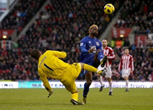 01 January 2011 Stoke City V Everton Prints: Saha Fouled by Begovic: Stoke City vs. Everton, Premier League (1st January 2011)