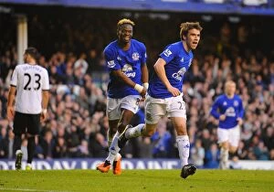 Images Dated 19th March 2011: Seamus Coleman and Louis Saha's Euphoric Goal Celebration: Everton's Unforgettable Moment vs
